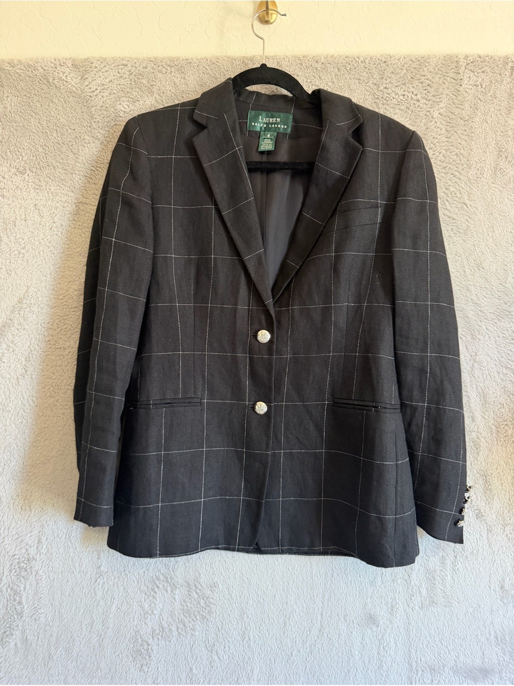 Lauren Ralph Lauren Grey Windowpane Grid Blazer Jacket Size 4 Crest Buttons⁠